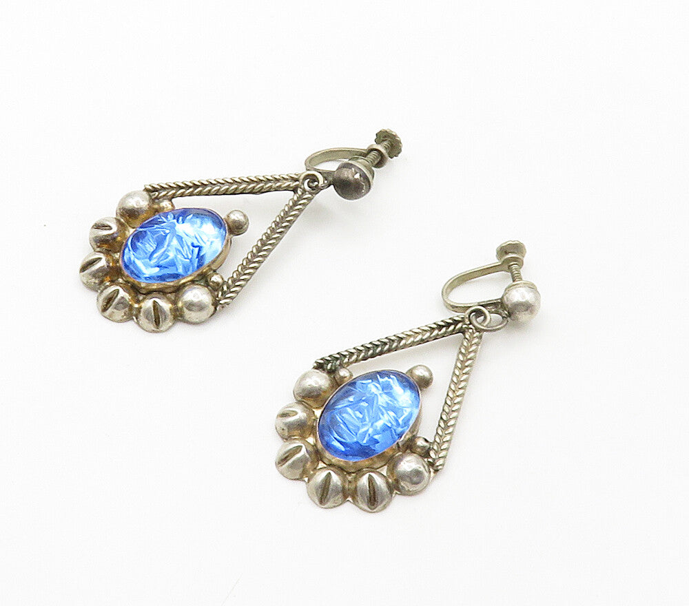 MEXICO 925 Silver  Vintage Face Carved Blue Topaz Dangle Earrings  EG8138