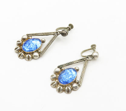 MEXICO 925 Silver  Vintage Face Carved Blue Topaz Dangle Earrings  EG8138