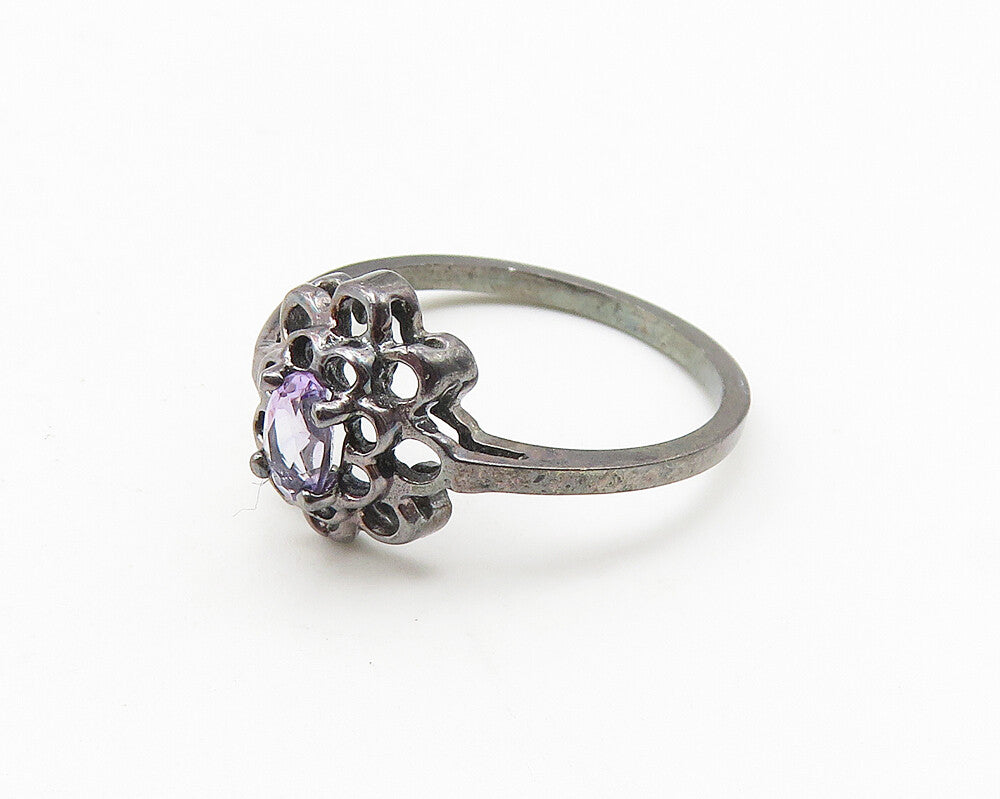 925 Sterling Silver  Vintage Amethyst Dark Tone Floral Band Ring Sz 6  RG10569