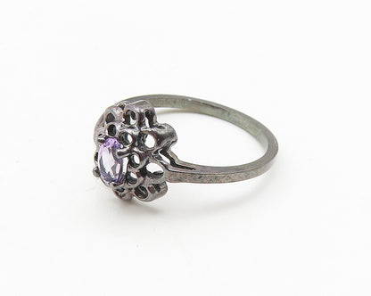 925 Sterling Silver  Vintage Amethyst Dark Tone Floral Band Ring Sz 6  RG10569