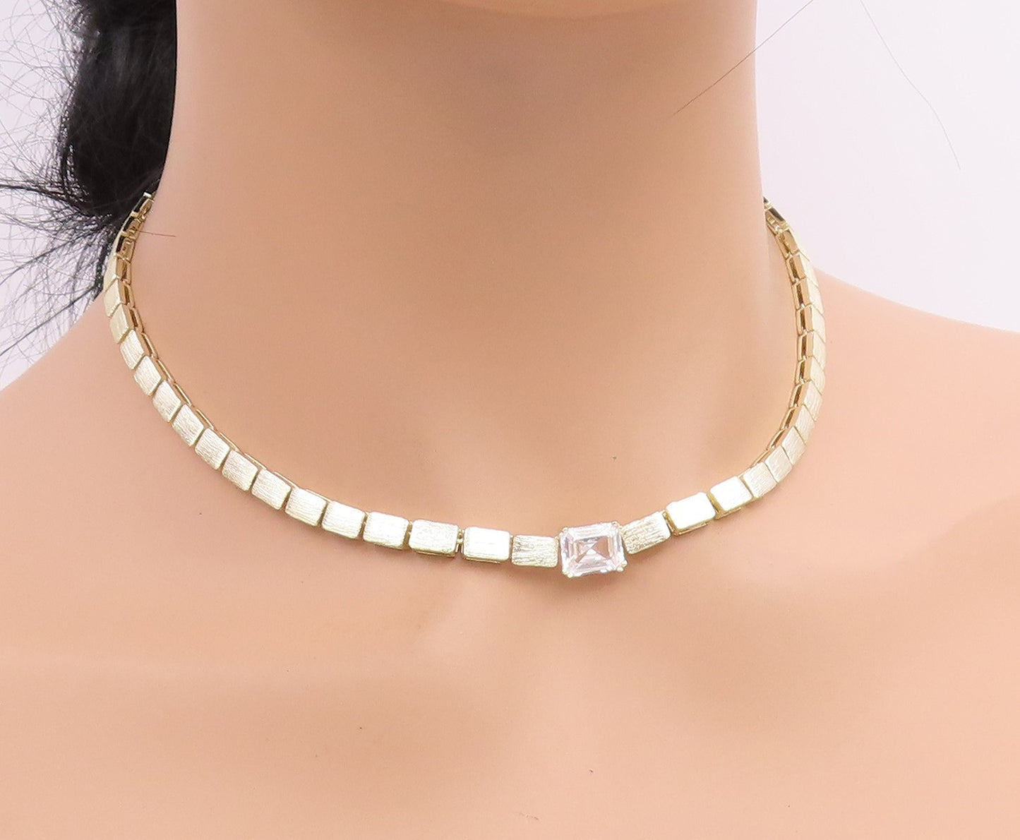 925 Sterling Silver Vintage Necklace Gold Plated CZ Geometric Collar  NE4868