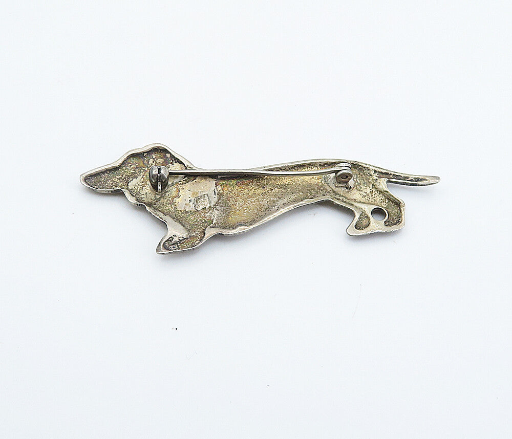 925 Sterling Silver  Vintage Dark Tone Weiner Dog Motif Brooch Pin  BP2906
