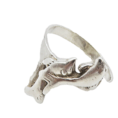 925 Sterling Silver  Vintage Shiny Double Dolphin Motif Band Ring Sz 7  RG8902