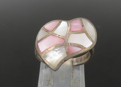 925 Sterling Silver  Vintage Mother Of Pearl Heart Cocktail Ring Sz 6  RG22541