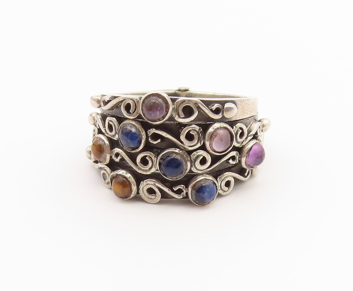 925 Sterling Silver Vintage Ring Multi Gemstone Scrollwork Band  Sz 7.5  RG36817