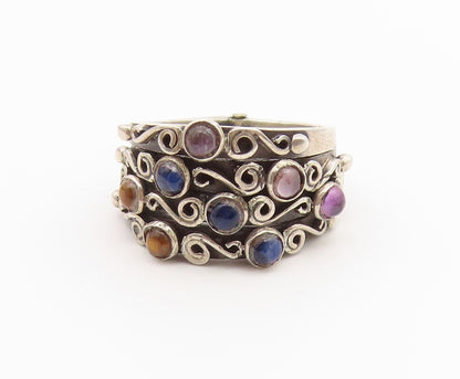 925 Sterling Silver Vintage Ring Multi Gemstone Scrollwork Band  Sz 7.5  RG36817