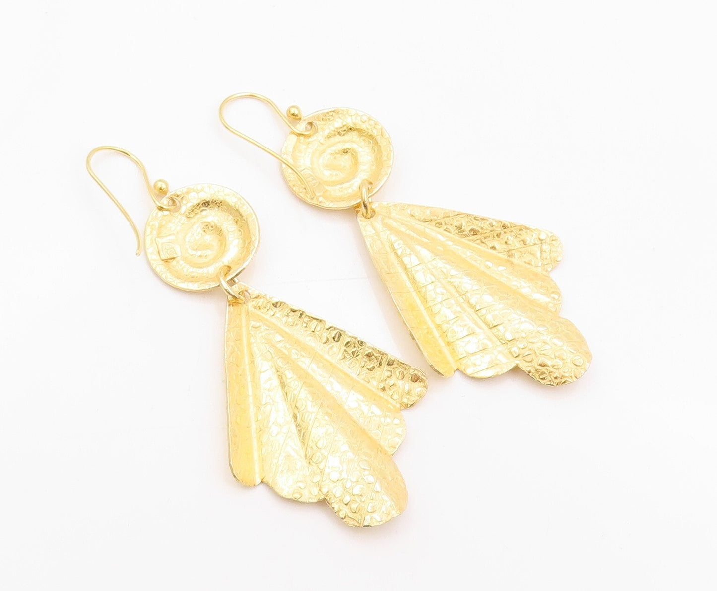 925 Sterling Silver Vintage Earrings Gold Plated Dangling Fan Design Cut EG13323