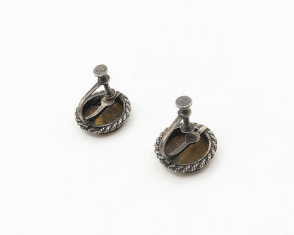 925 Sterling Silver  Vintage Tiger's Eye Twist Non Pierce Earrings  EG8925
