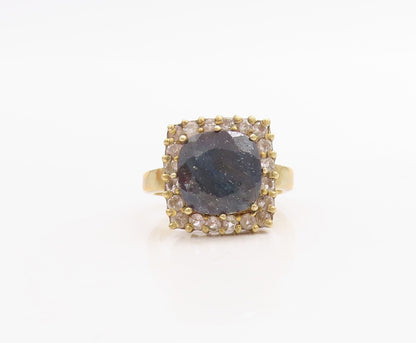 925 Sterling Silver Vintage Ring Gold Plated Square Framed Gem & CZ Sz 6 RG30532