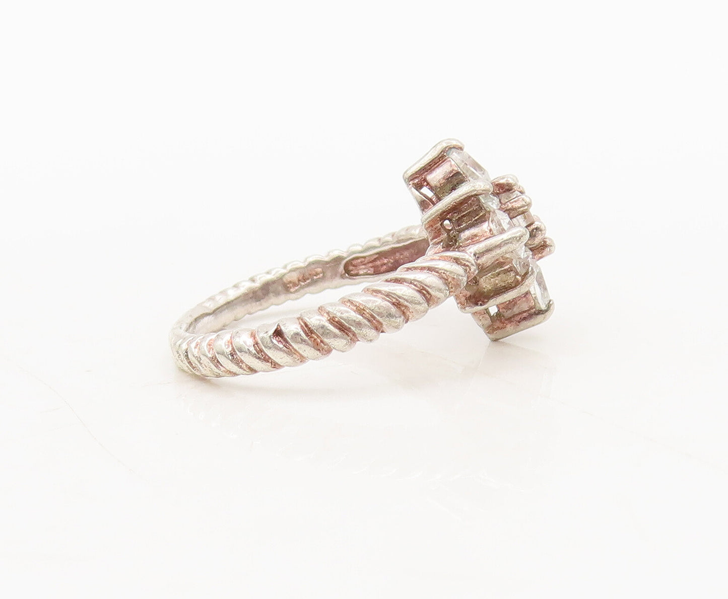925 Sterling Silver  Vintage Twisted Rope CZ Beaded Floral Ring Sz 4  RG27428