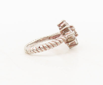 925 Sterling Silver  Vintage Twisted Rope CZ Beaded Floral Ring Sz 4  RG27428