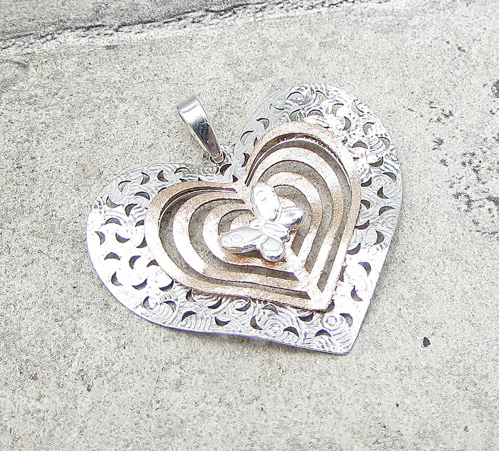 925 Sterling Silver Cut Out 2 Tone Love Heart & Butterfly Drop Pendant PT1398