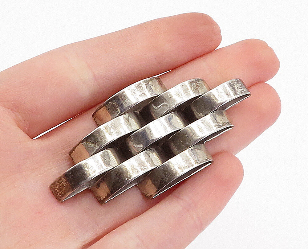 MEXICO 925 Sterling Silver  Vintage Shiny Brick Layer Style Brooch Pin  BP1173