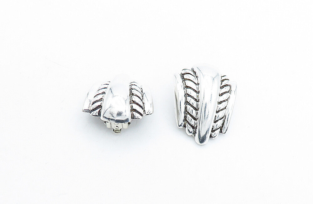 925 Sterling Silver  Vintage Shiny Fluted Design Non Pierce Earrings  EG2407