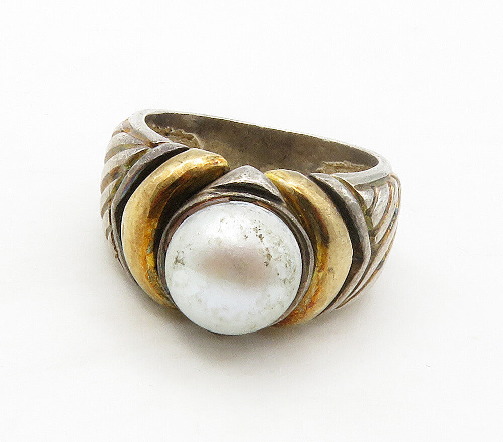 DESIGNER 925 Silver & 18K GOLD  Vintage Pearl 2 Tone Band Ring Sz 5.5  RG16424