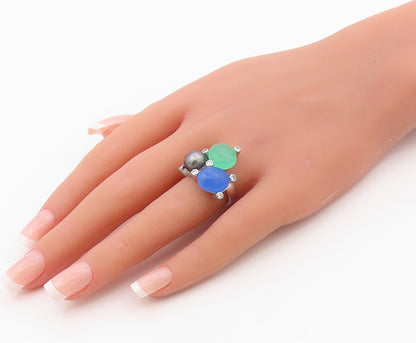 925 Sterling Silver Vintage Ring Pearl & Gemstone Cluster Band  Sz 7  RG36374