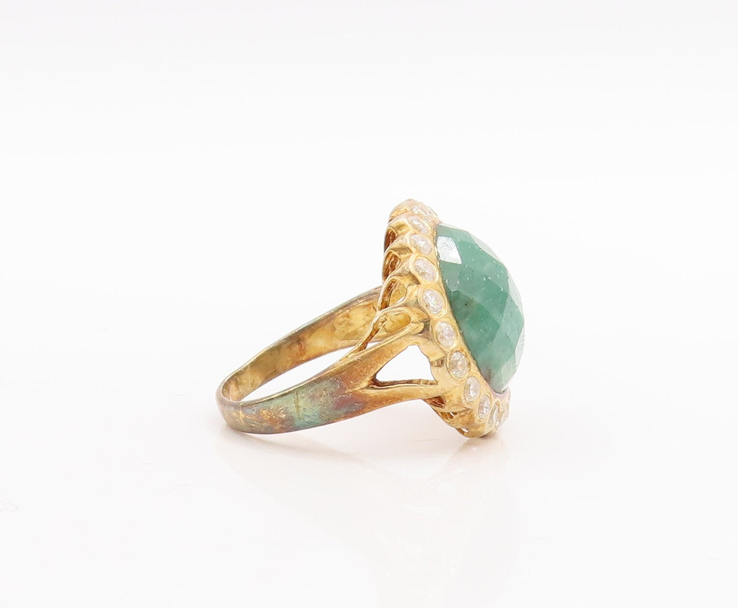 925 Sterling Silver Vintage Ring Gold Plated Green Gemstone Halo CZ Sz 6 RG29285