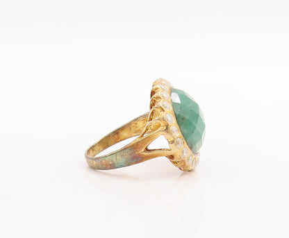 925 Sterling Silver Vintage Ring Gold Plated Green Gemstone Halo CZ Sz 6 RG29285