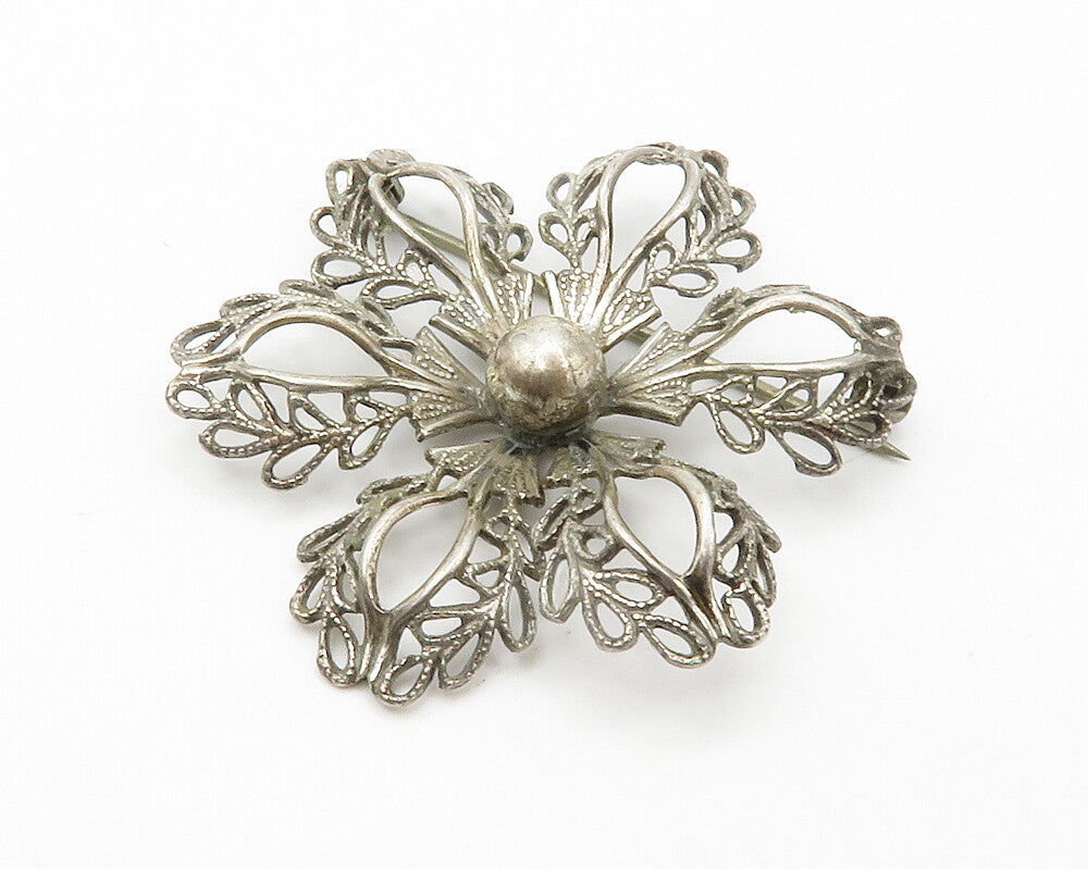 MICHELE 925 Sterling Silver  Vintage Open Flower Motif Brooch Pin  BP5527