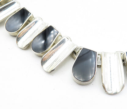 MEXICO 925 Sterling Silver  Vintage Inlaid Black Stone Chain Necklace  NE1098