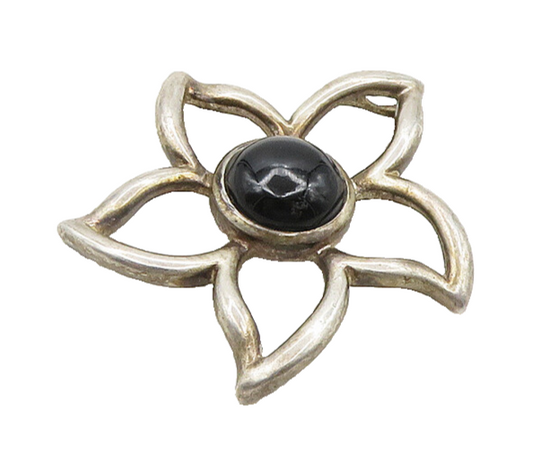 925 Sterling Silver  Vintage Cabochon Black Onyx Flower Motif Pendant  PT15134