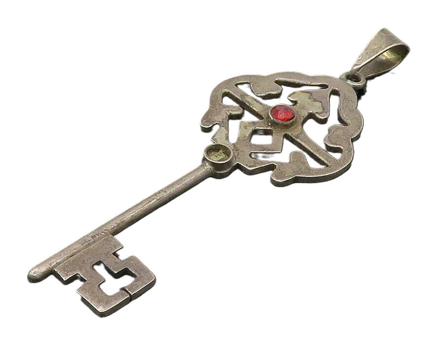 MEXICO 925 Sterling Silver  Vintage Red Stone Dark Tone Key Pendant  PT19831