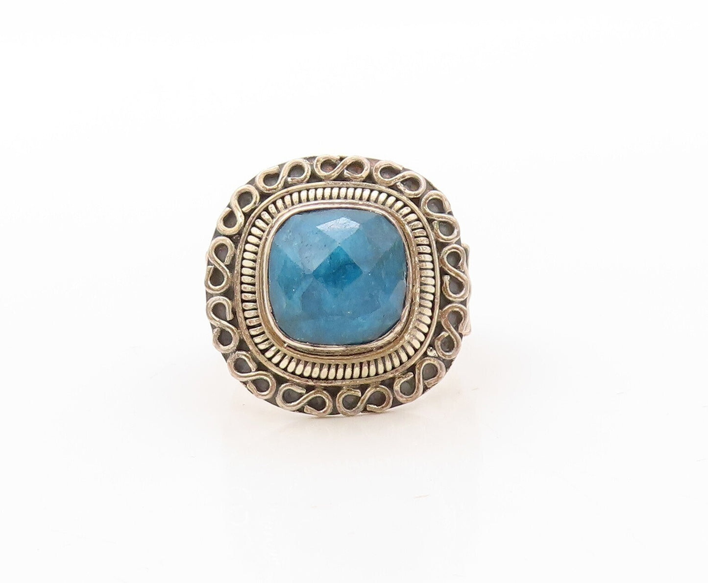 925 Sterling Silver Vintage Ring Swirly Carved Square Cut Gemstone  Sz 7 RG30598