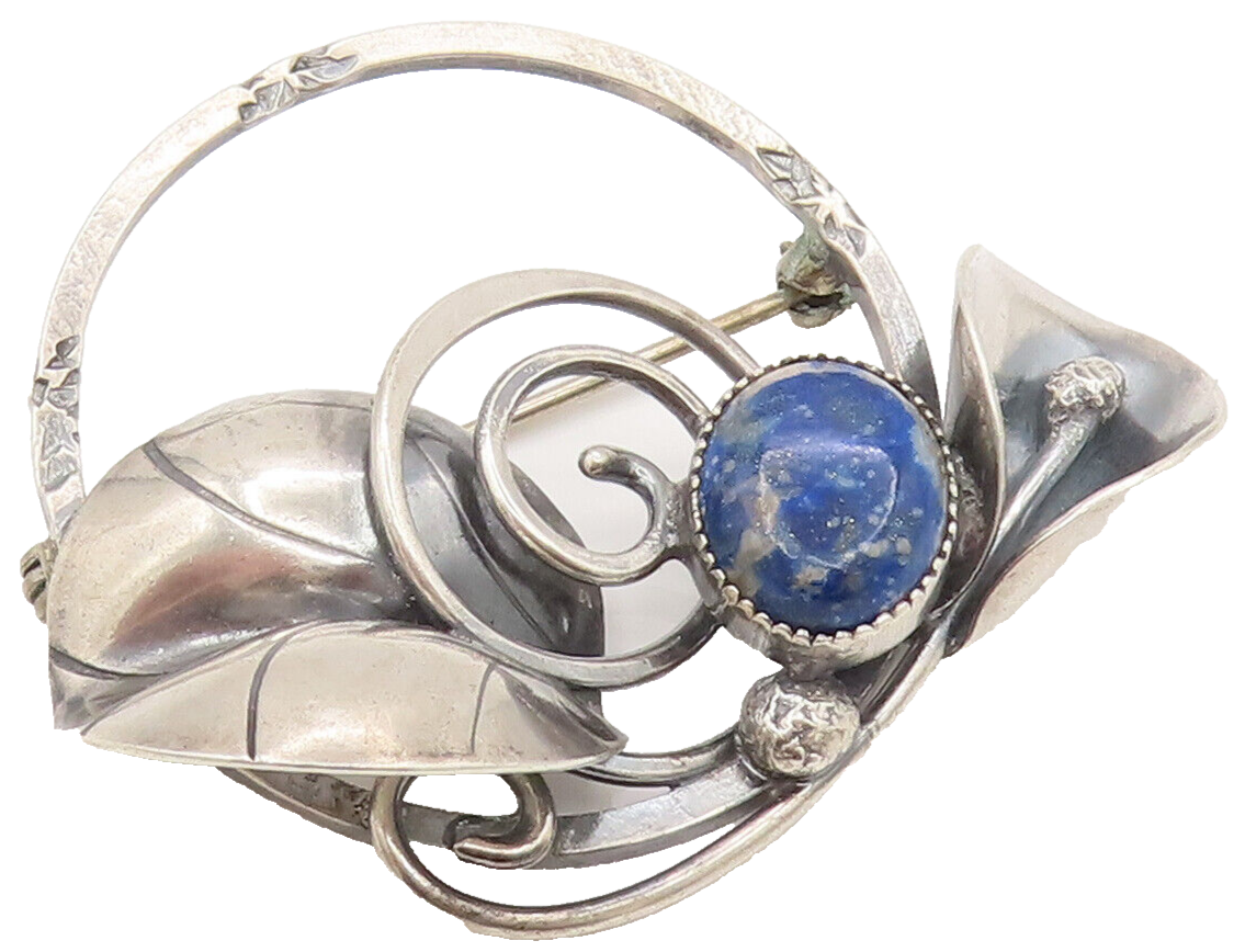 DESIGNER 925 Silver  Vintage Lapis Lazuli Calla Lily Stem Brooch Pin  BP10123