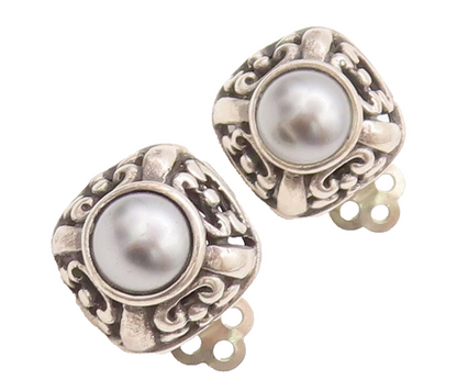 925 Sterling Silver Vintage Earrings Swirly Carved Square And Grey Pearl EG12884
