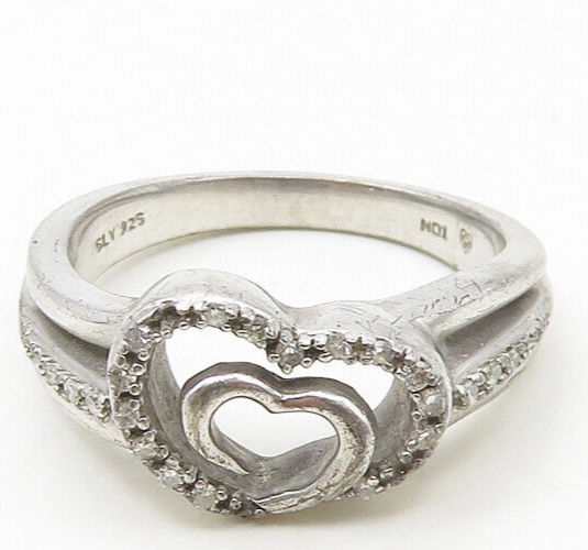925 Sterling Silver  Vintage Genuine Diamonds Heart Band Ring Sz 7  RG18761