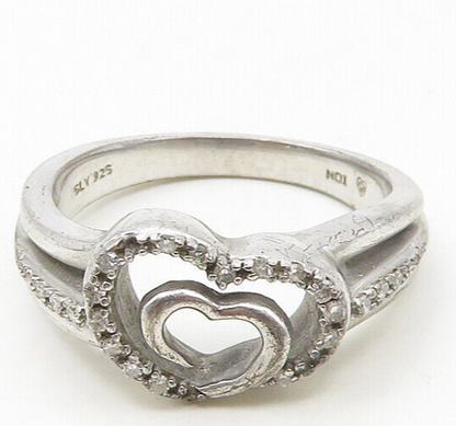 925 Sterling Silver  Vintage Genuine Diamonds Heart Band Ring Sz 7  RG18761