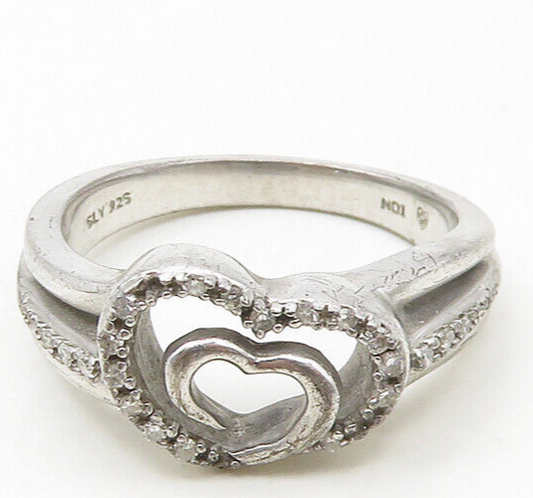 925 Sterling Silver  Vintage Genuine Diamonds Heart Band Ring Sz 7  RG18761