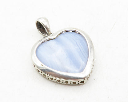 925 Sterling Silver  Blue Agate Open Love Heart Shiny Drop Pendant  PT9980