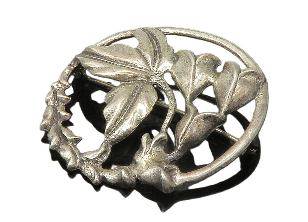 925 Sterling Silver  Vintage Shiny Floral Leaves Round Brooch Pin  BP5576