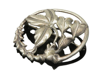 925 Sterling Silver  Vintage Shiny Floral Leaves Round Brooch Pin  BP5576