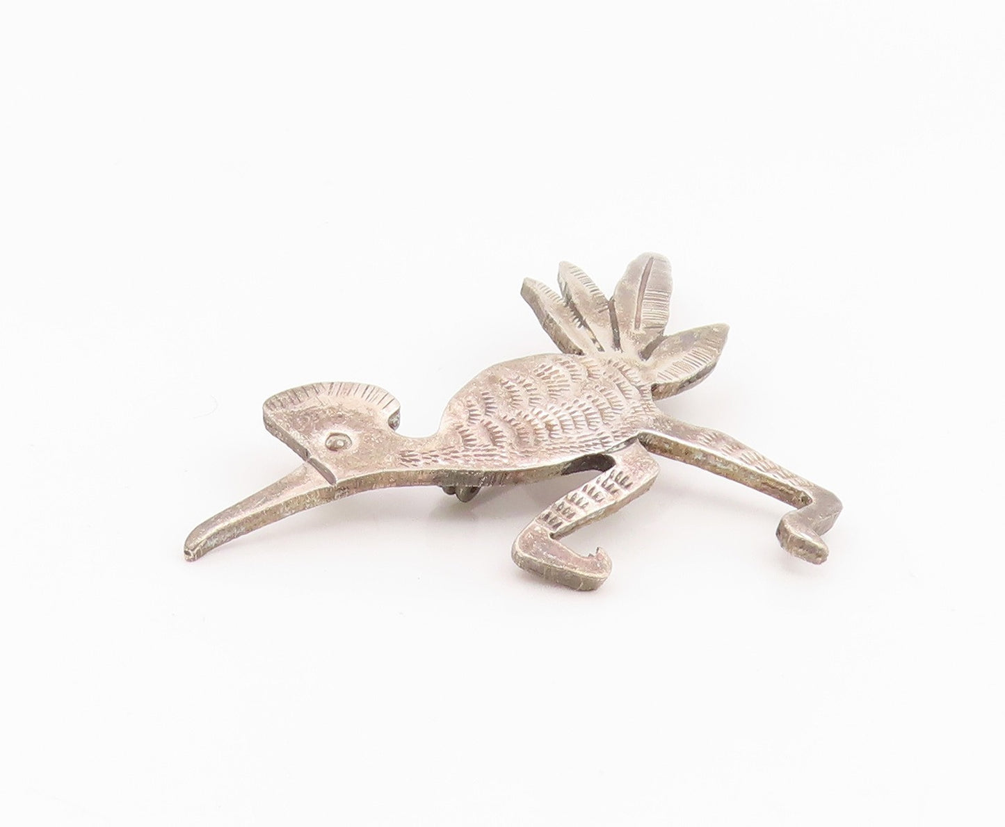 925 Sterling Silver Vintage Brooch Pin NAVAJO ZUNI Etched Roadrunner  BP12344
