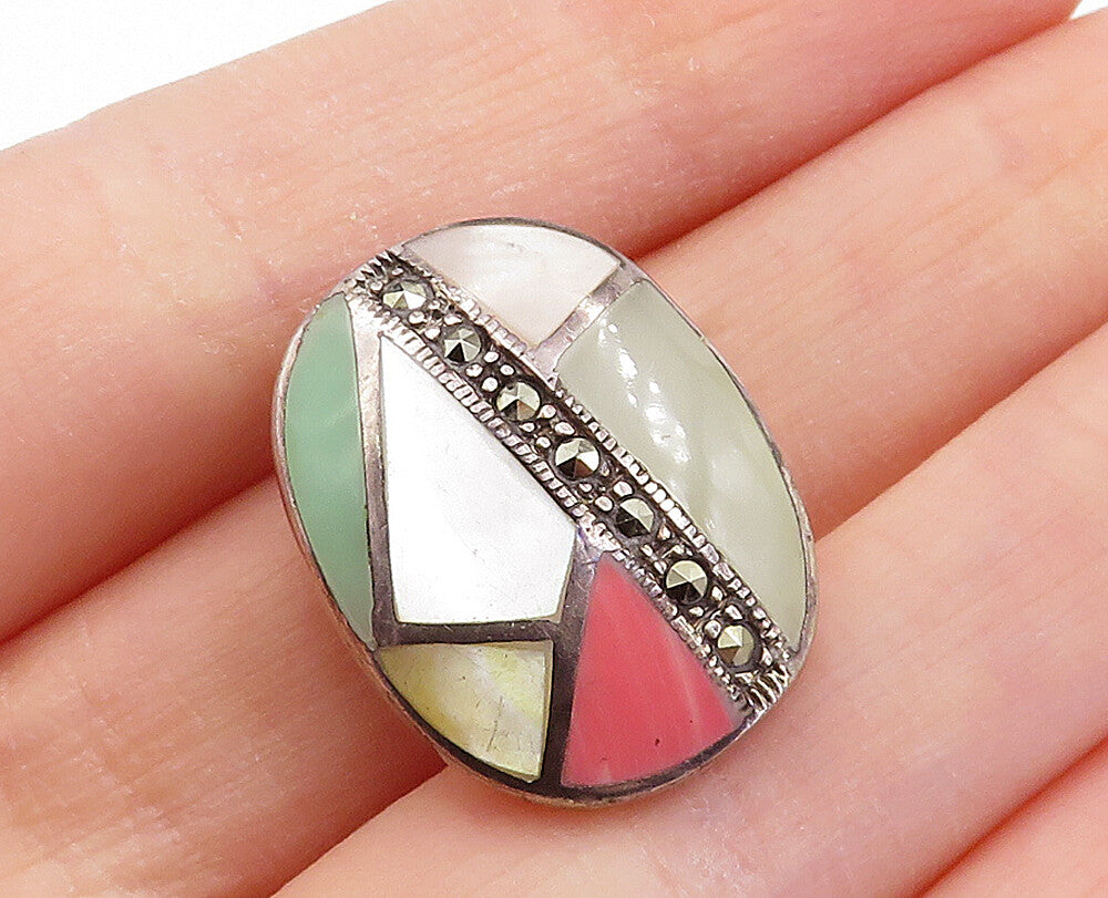 925 Silver Vintage Mother Of Pearl Rhodochrosite & Jade Mosaic Pendant PT3873