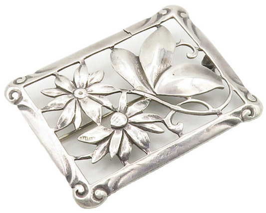 925 Sterling Silver  Vintage Daisy Flowers Swirl Border Brooch Pin  BP5933