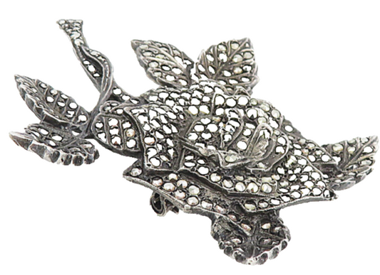 925 Sterling Silver  Vintage Sparkling Marcasite Rose Flower Brooch Pin BP3022