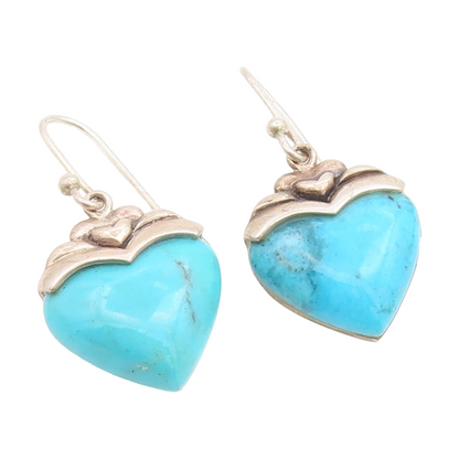 925 Sterling Silver Vintage Earrings Cabochon Turquoise Love Heart Drop  EG14132