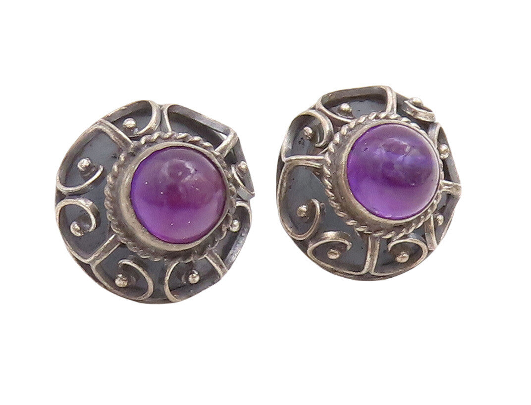 925 Sterling Silver Vintage Earrings MEXICO Swirl Carved Amethyst Flower EG13073