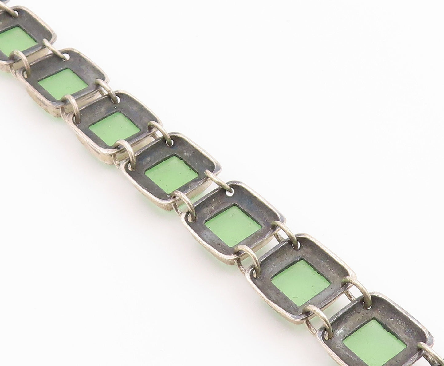 925 Sterling Silver Vintage Bracelet POLAND Jade Geometric Square Link  BT12175
