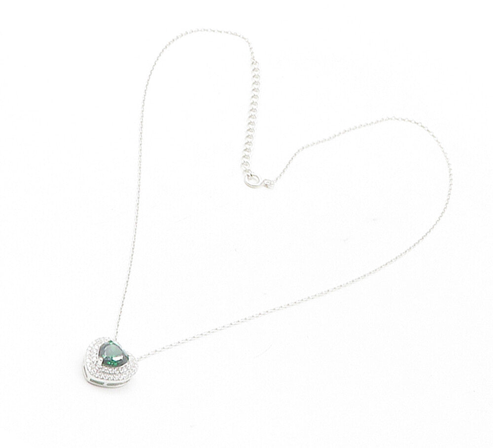 925 Sterling Silver  Green & White Topaz Love Heart Chain Necklace  NE2056