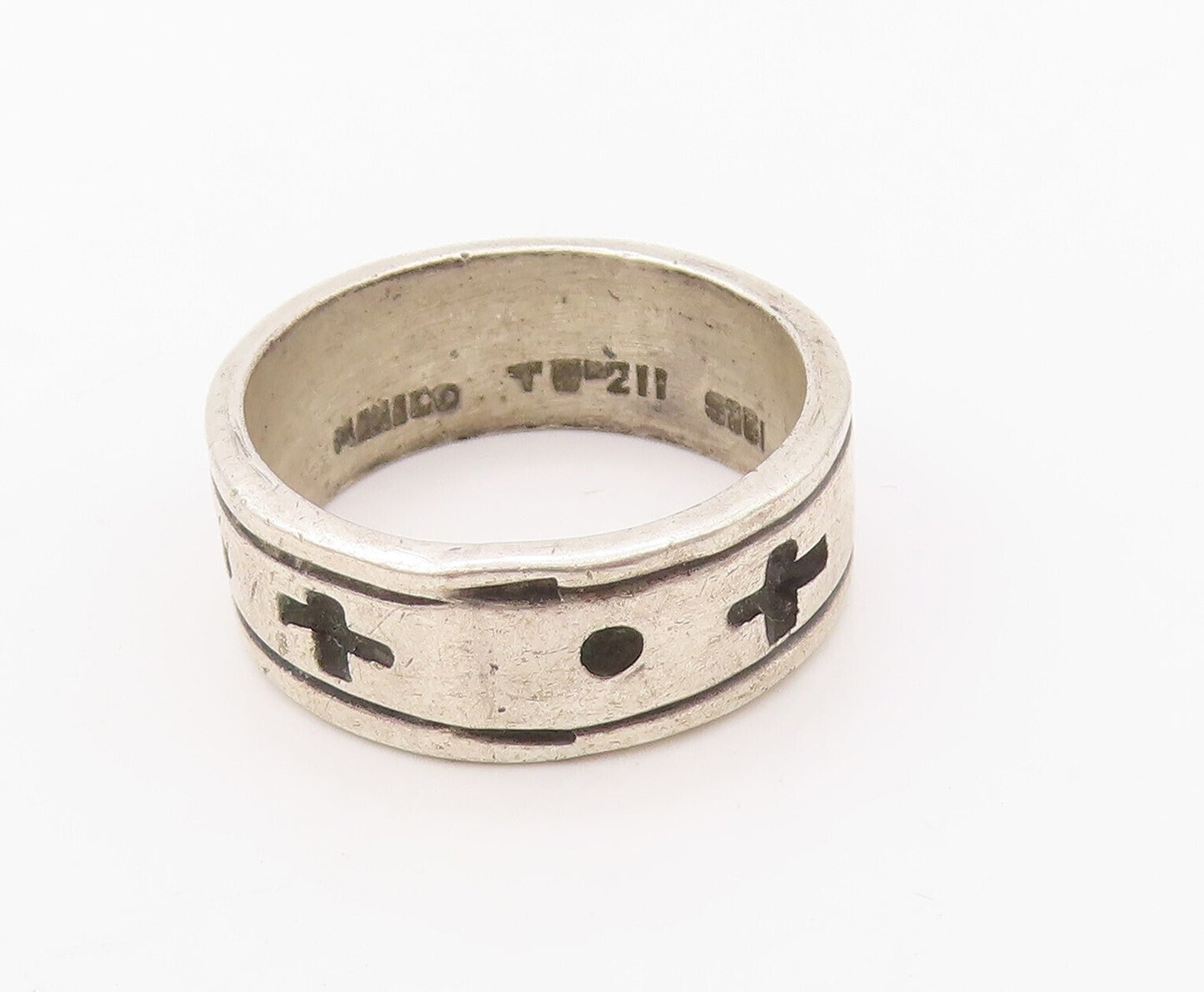 925 Sterling Silver Vintage Ring MEXICO Solid Etched + And O  Sz 12  RG31054