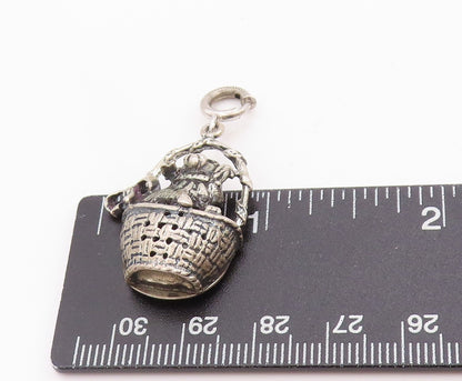 925 Sterling Silver Vintage Pendant Etched Bunny In Easter Basket Charm  PT24788