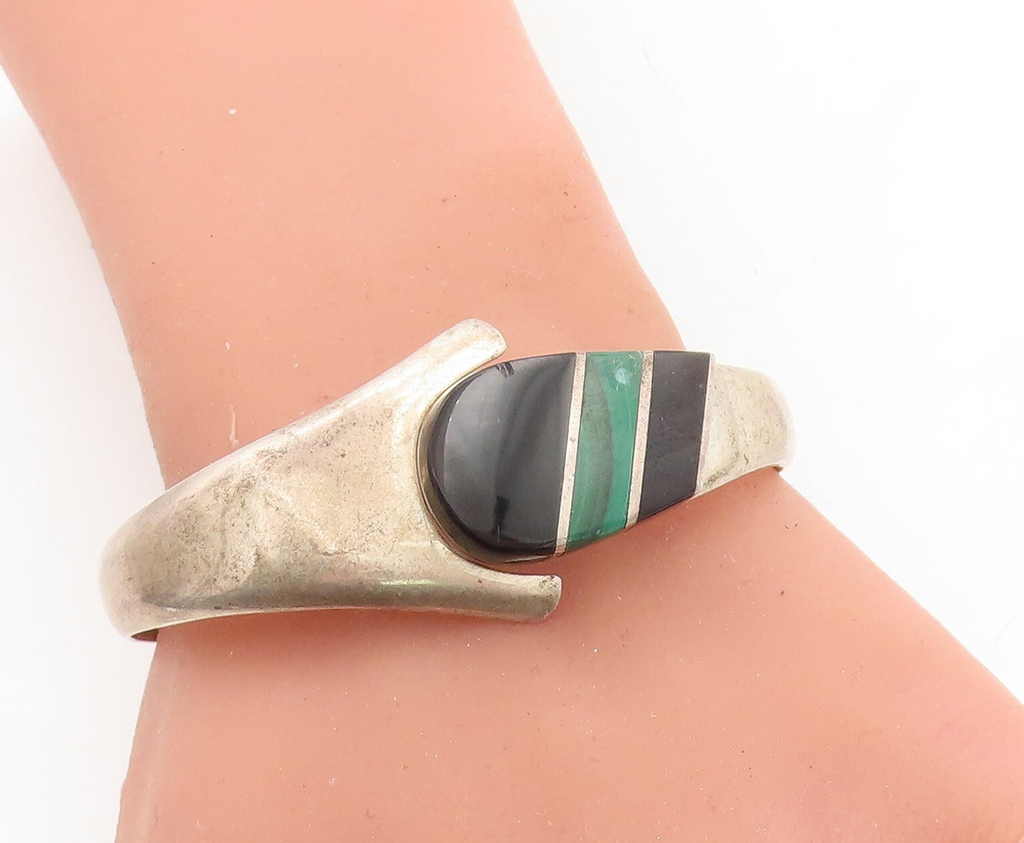 MEXICO 925 Silver  Vintage Black Onyx & Malachite Bangle Bracelet  BT1691