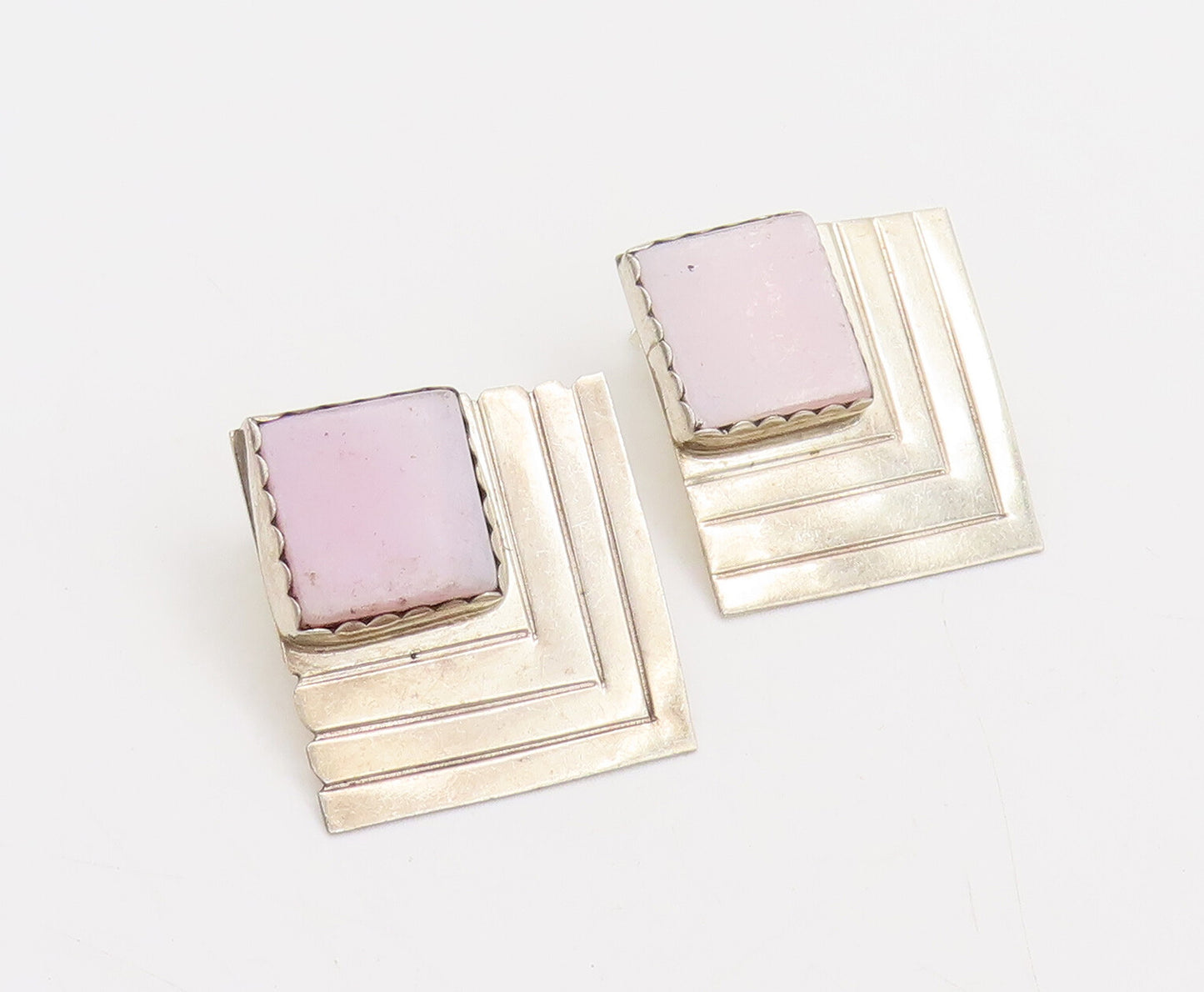 925 Sterling Silver  Vintage Brutalist Square Pink Rhodonite Earrings  EG12526