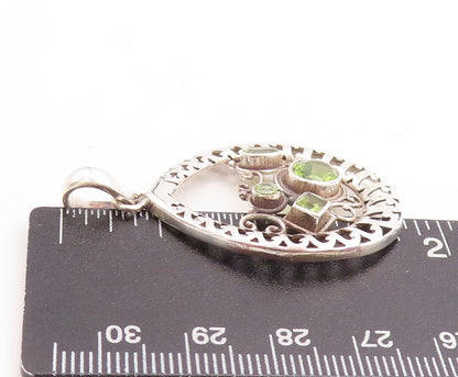925 Sterling Silver Vintage Pendant Designer Swirly Cutout Peridot  PT23759