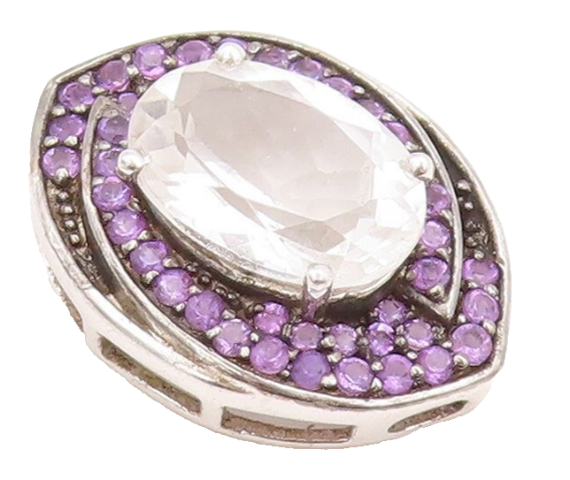 925 Sterling Silver Vintage Pendant Oval CZ Halo Amethyst Inlay Frame  PT23804