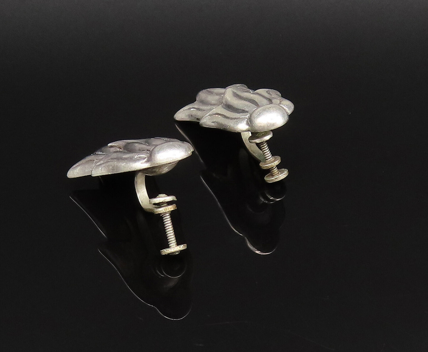 MEXICO 925 Silver  Vintage Double Tulip Flowers Screw Back Earrings  EG12145